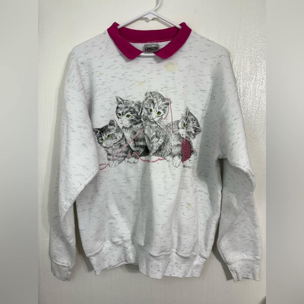 Vintage Oneita Sport Playful Kitten Grandmacore Crew Neck Collared Sweatshirt